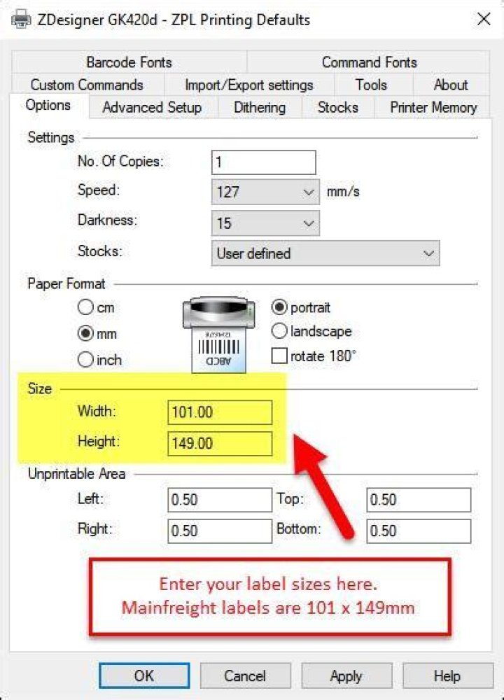 How do I change the label size on my Zebra printer?
